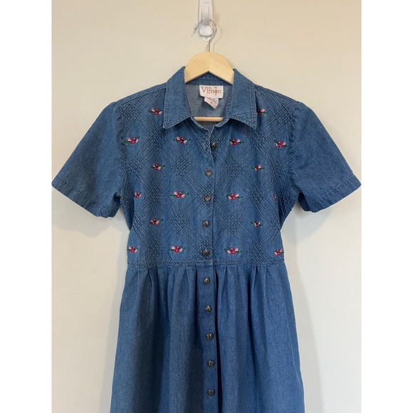 Vintage Women's V.I.Petites Denim Midi Collared Dress Floral Embroidery Bodice - Picture 2 of 8